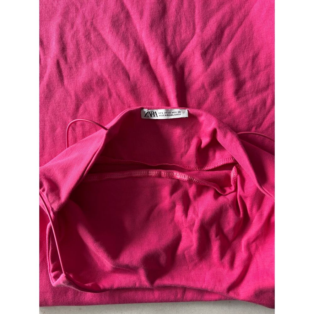 Zara Hot Pink Bodycon Mini Dress Size Large Spaghetti Strap Stretch Club - Picture 7 of 8